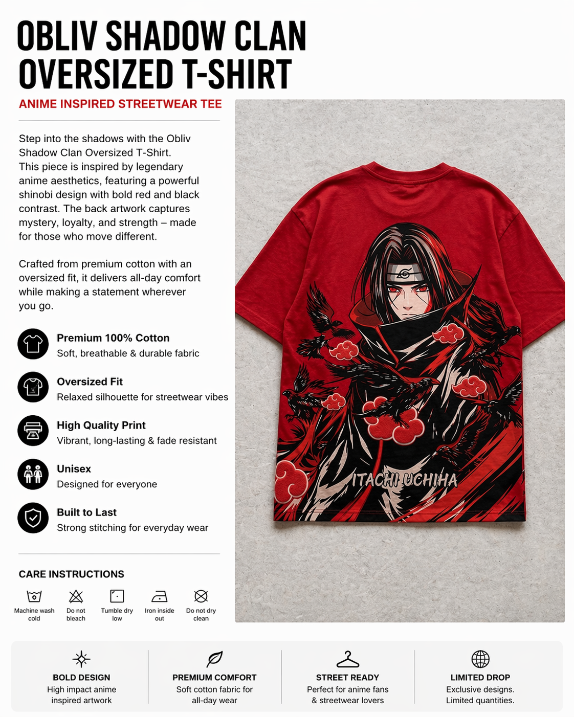 Obliv Shadow Raven Oversized T-Shirt – Dark Anime Streetwear Graphic Tee (Red Edition)