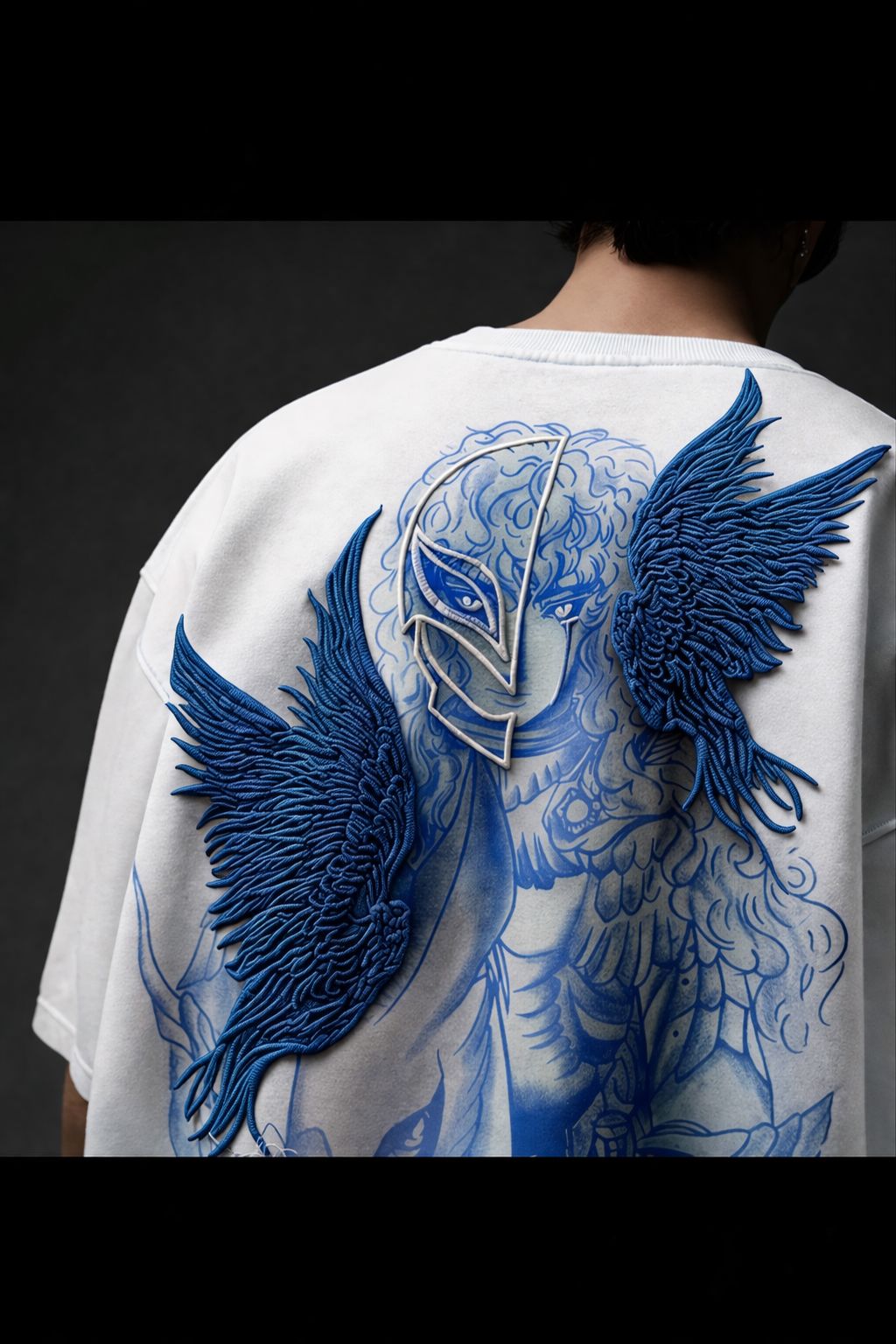 Obliv Celestial Guardian Oversized T-Shirt – Blue Wing Embroidered Graphic Streetwear Tee (White)