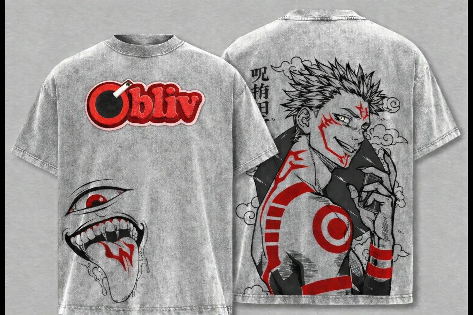 Obliv Cursed Mark Oversized T-Shirt – Dark Anime Streetwear Graphic Tee (Grey Wash)